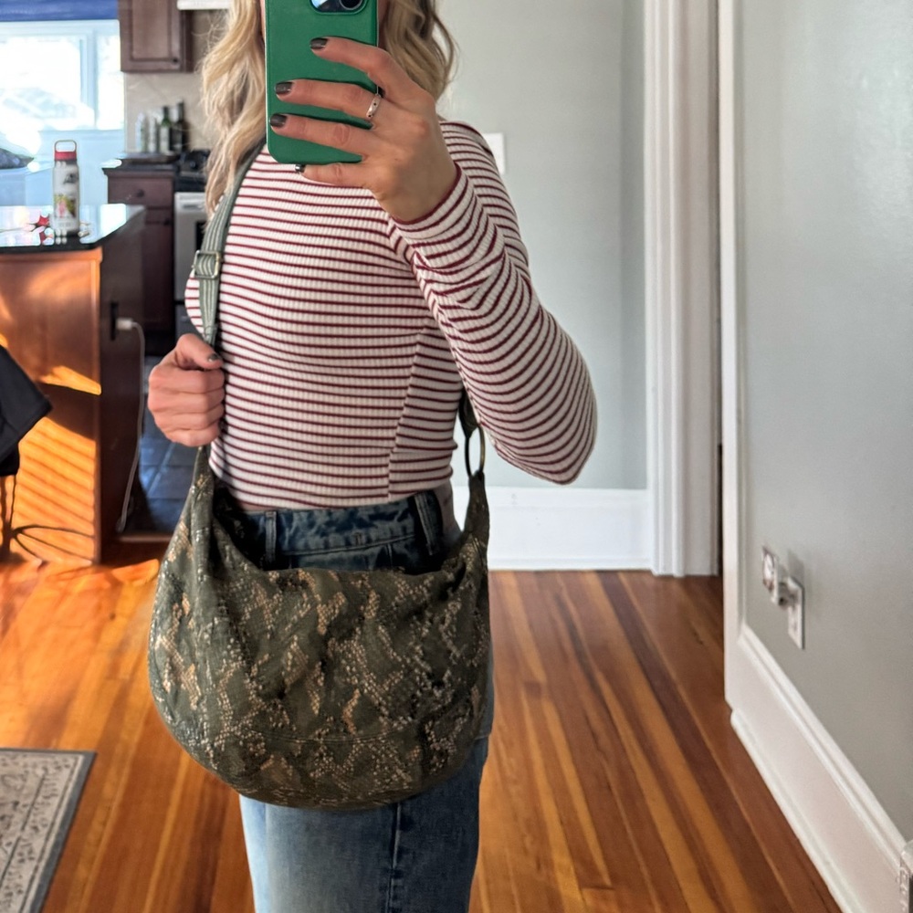 By Anthropologie Olive Green Snakeskin Design Cross Body Bag